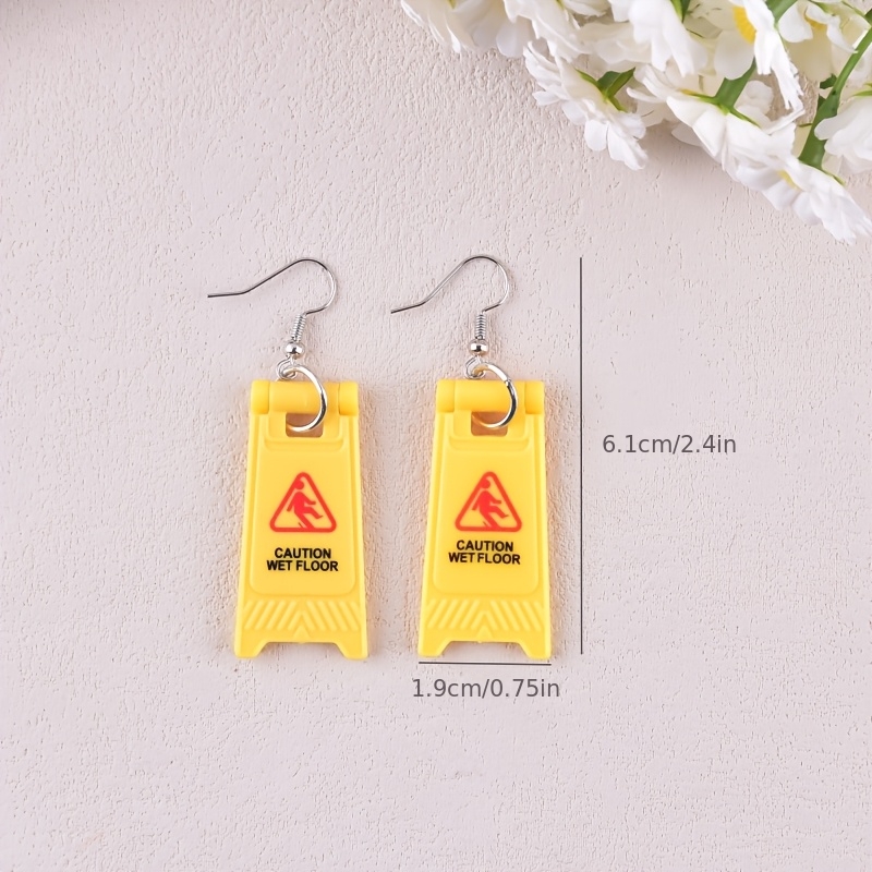 Caution Wet Floor Warning Sign Drop Earrings